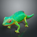 Vibrant Green Chameleon With Red Eyes And Yellow Spots On Dark Background And Reflective Floor