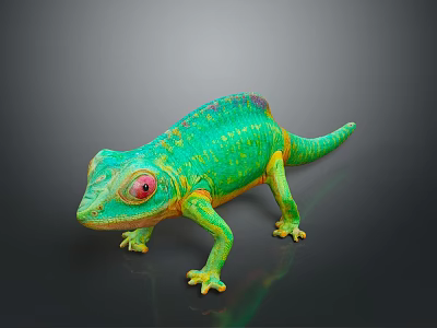 Vibrant Green Chameleon With Red Eyes And Yellow Spots On Dark Background And Reflective Floor 3d model