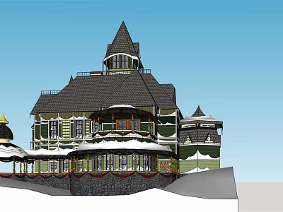 Snow Covered Detached Villa With Pitched Roof Turrets And Green White Exterior 3d model