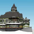 Snow Covered Detached Villa With Pitched Roof Turrets And Green White Exterior