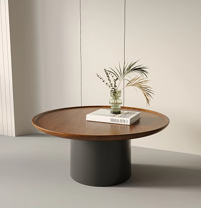 Stylish Round Wooden Coffee Table With Green Plant Vase And Book On Black Base 3d model