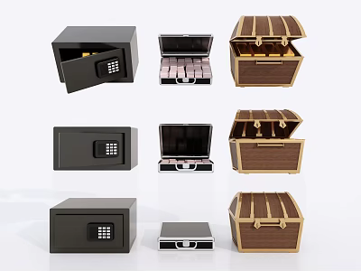 Various Safes And Treasure Chests With Lock And Cash Inside Design 3d model