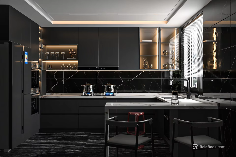 Modern Black Kitchen Interior Design With Marble Island Countertop And Chairs 3d model 
