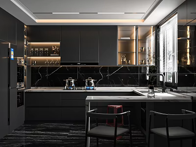 Modern Black Kitchen Interior Design With Marble Island Countertop And Chairs 3d model