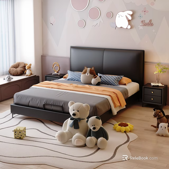 Cozy Kids Bed with Dark Headboard Plush Toys Teddy Bears on Rug and Cloud Wall Decor 3d model 