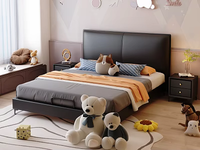 Cozy Kids Bed with Dark Headboard Plush Toys Teddy Bears on Rug and Cloud Wall Decor 3d model