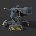 Mechanical Turret Weapon With Gray Blue Structure And Yellow Warning Stripes On Base