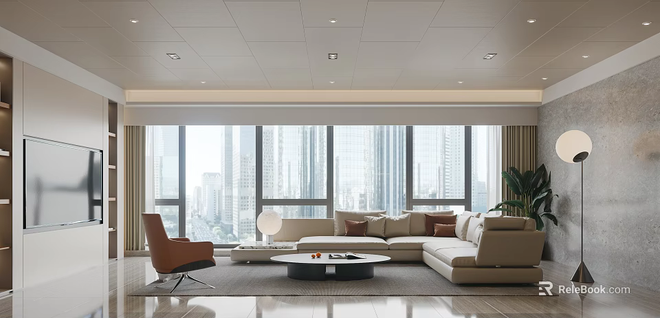 Modern Living Dining Area With Large Windows City View Sofa Round Coffee Table Chair Plant 3d model 