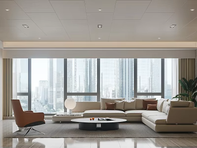 Modern Living Dining Area With Large Windows City View Sofa Round Coffee Table Chair Plant 3d model