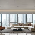 Modern Living Dining Area With Large Windows City View Sofa Round Coffee Table Chair Plant