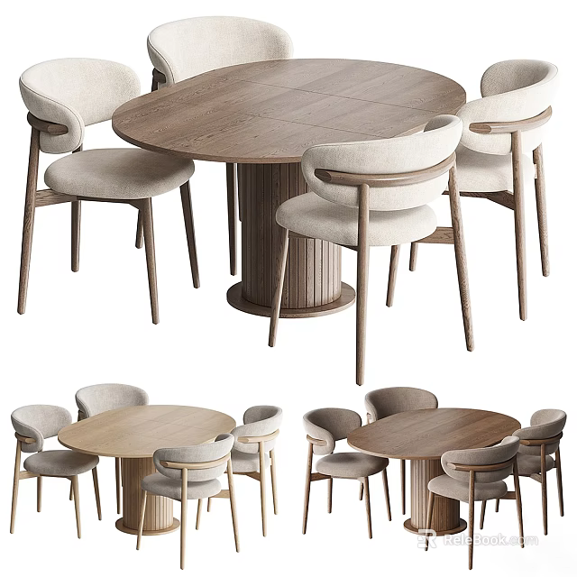 Modern Wooden Dining Chairs With Beige Upholstery And Round Table Set 3d model 