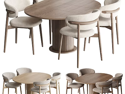 Modern Wooden Dining Chairs With Beige Upholstery And Round Table Set 3d model