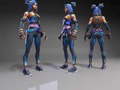 Game Movie Character With Blue Hair Blue Purple Outfit Arm Guards Sneakers Multi Angle Design 3d model