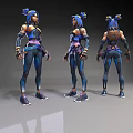 Game Movie Character With Blue Hair Blue Purple Outfit Arm Guards Sneakers Multi Angle Design