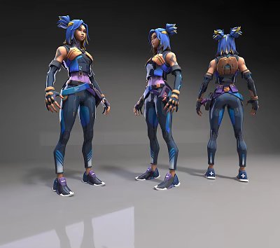 Game Movie Character With Blue Hair Blue Purple Outfit Arm Guards Sneakers Multi Angle Design 3d model