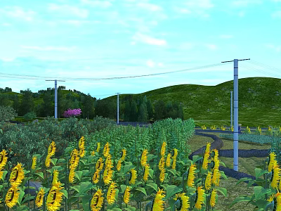 Swing Door in Sunflower Field with Green Hills Trees and Blue Sky White Clouds 3d model