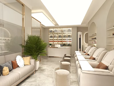 Elegant Modern Beauty Salon Interior With White Beige Marble Sofa Chairs Plants And Arched Design 3d model