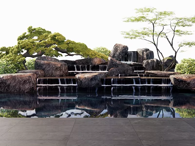 Garden Ornamental Rock Waterfall With Pond Reflection And Green Trees 3d model