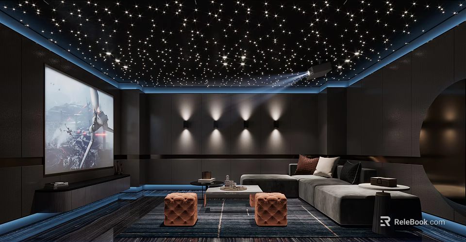 Modern Home Theater Interior Design With Starry Ceiling Large Projection Screen And Comfortable Seating 3d model