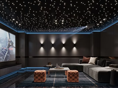 Modern Home Theater Interior Design With Starry Ceiling Large Projection Screen And Comfortable Seating 3d model