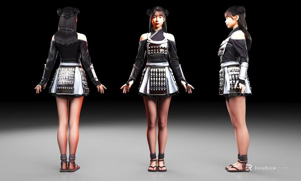 Woman in Black Fantasy Costume with Metallic Armor Short Skirt and Double Buns Sandals 3d model 
