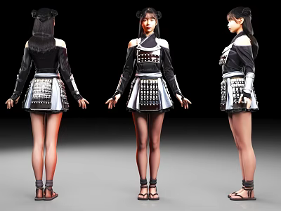 Woman in Black Fantasy Costume with Metallic Armor Short Skirt and Double Buns Sandals 3d model