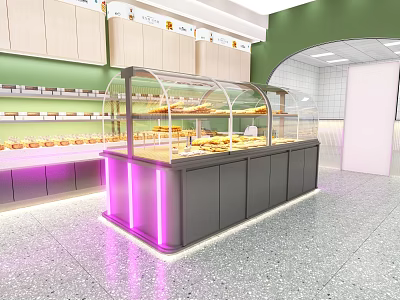 Dessert Shop Interior Design With Glass Display Case Pastries Green Walls And Purple Lighting 3d model