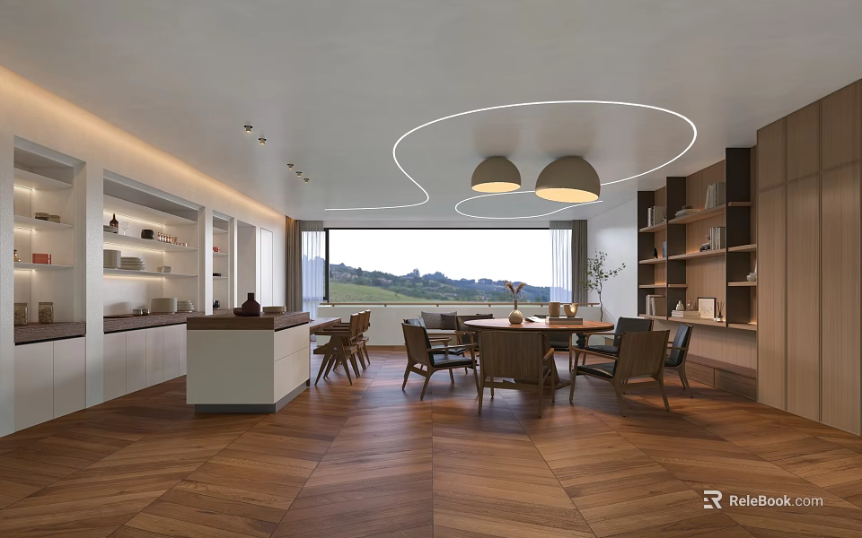 Modern Restaurant Interior With Wooden Flooring Pendant Lights Dining Table And Bookshelves 3d model 