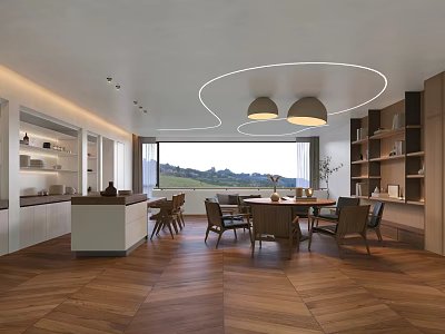 Modern Restaurant Interior With Wooden Flooring Pendant Lights Dining Table And Bookshelves 3d model