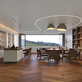 Modern Restaurant Interior With Wooden Flooring Pendant Lights Dining Table And Bookshelves
