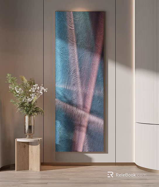 Textured Blue Pink Decorative Painting With Vase Green Plants And Light Shadow 3d model 