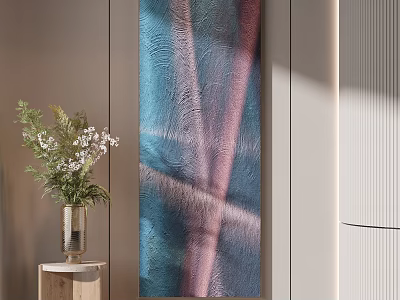 Textured Blue Pink Decorative Painting With Vase Green Plants And Light Shadow 3d model