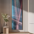 Textured Blue Pink Decorative Painting With Vase Green Plants And Light Shadow