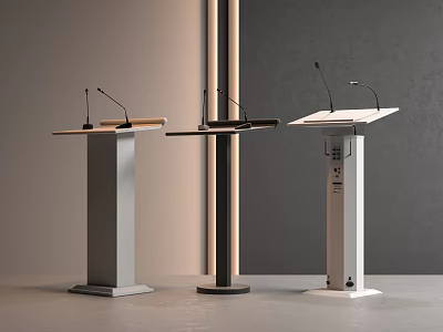 Three Modern Podiums With Microphones In Different Designs And Color Styles 3d model