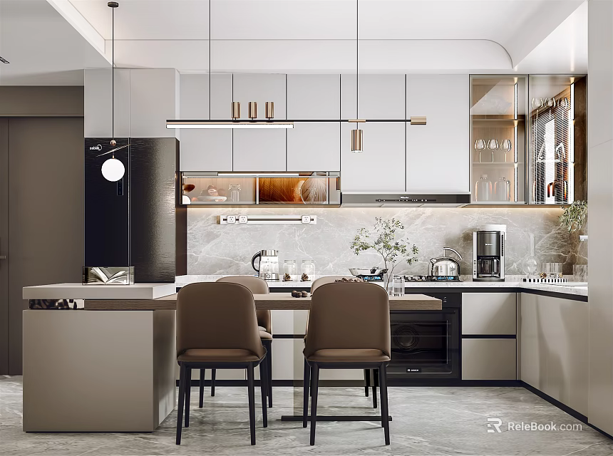 Modern Restaurant Open Kitchen Design With Island Counter Dining Table And Chairs 3d model