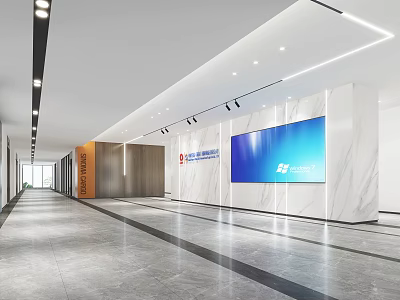 Modern Reception Area Featuring Marble Wall Large Digital Screen Logo Spacious Interior And Modern Lighting 3d model