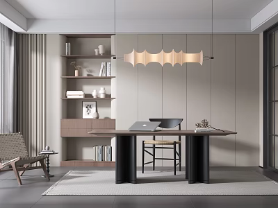 Modern Study Room Interior Design With Bookshelf Desk Chair And Pendant Light 3d model
