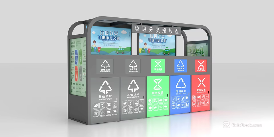Modern Garbage Classification Disposal Point With Color Coded Bins And Information Screens 3d model