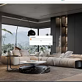 Modern Living Room With Beige Sofa Marble Coffee Table Mountain View And Large Windows