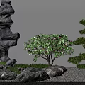Courtyard Garden Featuring Gray Rock Formations White Wall Pink Flower Tree Pine Tree and Gravel