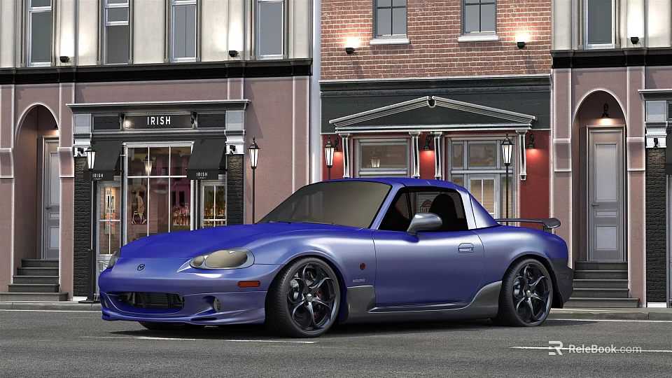 Blue Sports Car Parked On Urban Street Near Buildings With Shops And Lights 3d model 