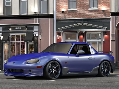 Blue Sports Car Parked On Urban Street Near Buildings With Shops And Lights 3d model