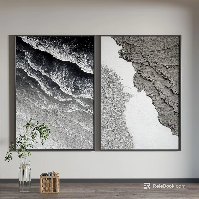 Black and White Wall Art With Wave Sandy Textures Hanging On Wall With Green Plant 3d model