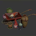 Garden Decor Arrangement With Red Wheelbarrow Ceramic Jugs Flower Pot And Gnomes