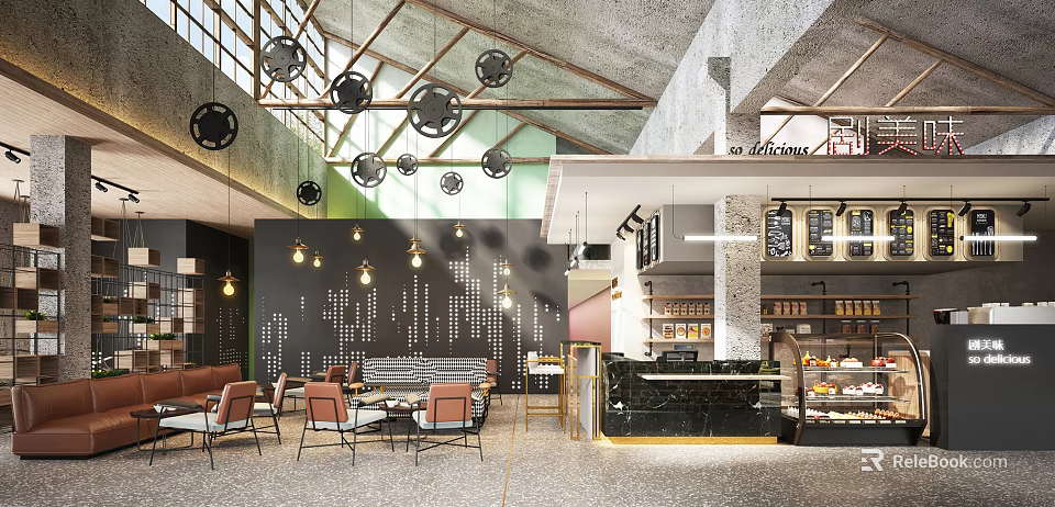 Industrial Style Café Interior With Exposed Beams Pendant Lights Tables Chairs And Bar Counter 3d model 