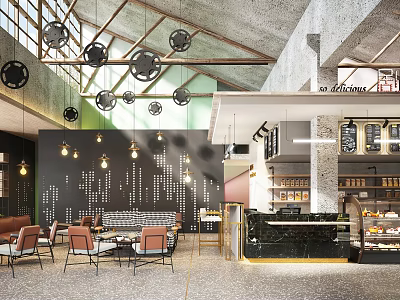 Industrial Style Café Interior With Exposed Beams Pendant Lights Tables Chairs And Bar Counter 3d model