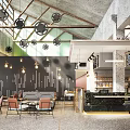 Industrial Style Café Interior With Exposed Beams Pendant Lights Tables Chairs And Bar Counter