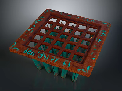 Ancient Decorative Weapon With Square Grid Design Carved Edges And Green Supporting Legs 3d model