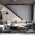 Modern Living Room with Gray Sofa Round Coffee Table TV Wall Bookshelves and Floor Lamp