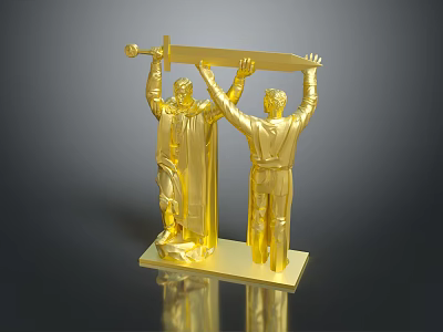 Golden Statue Of Two Men Holding A Sword Together On Base 3d model
